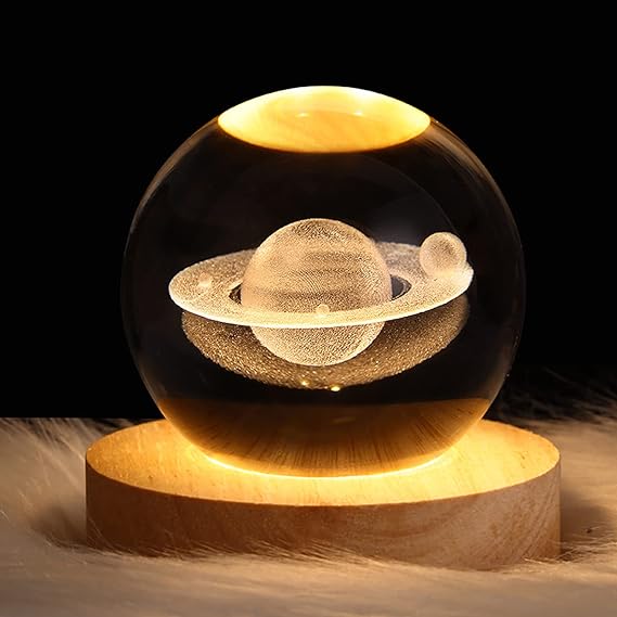 3d Galaxy Solar System Crystal Ball Night Light With Wooden Base, For Boys And Girls